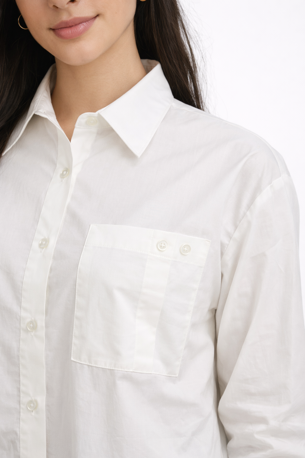 Long Poplin Blouse with Pocket– White - D299