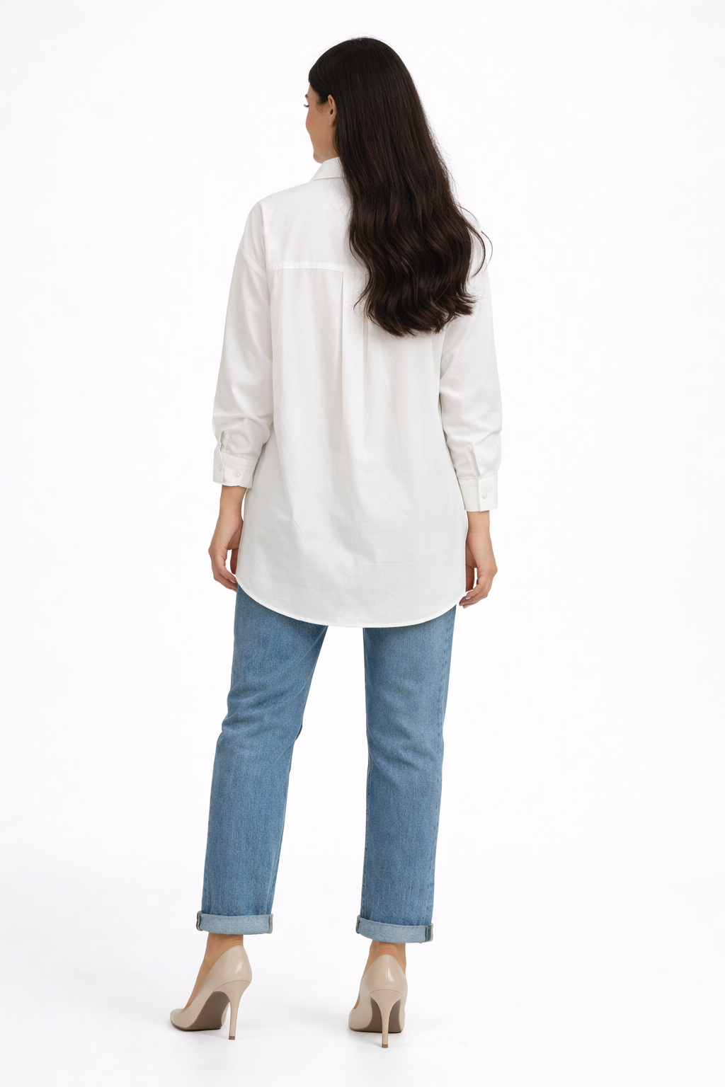 Long Poplin Blouse with Pocket– White - D299