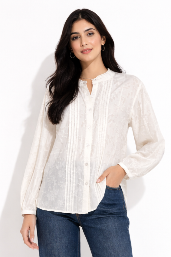 Cotton Jacquard Pleated Blouse - White - 111014