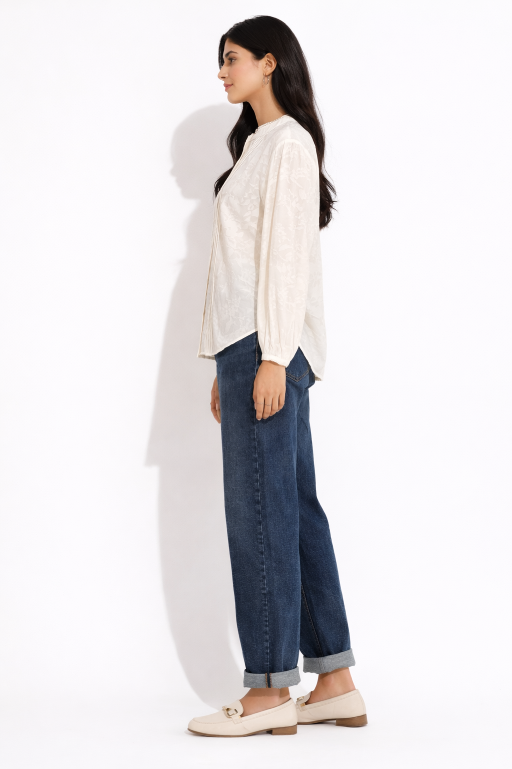 Cotton Jacquard Pleated Blouse - White - 111014
