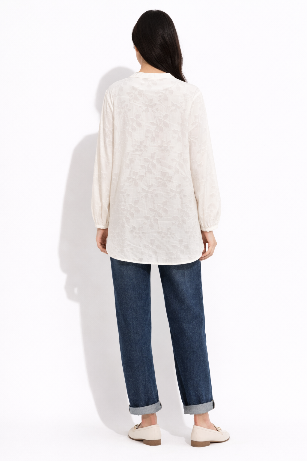Cotton Jacquard Pleated Blouse - White - 111014