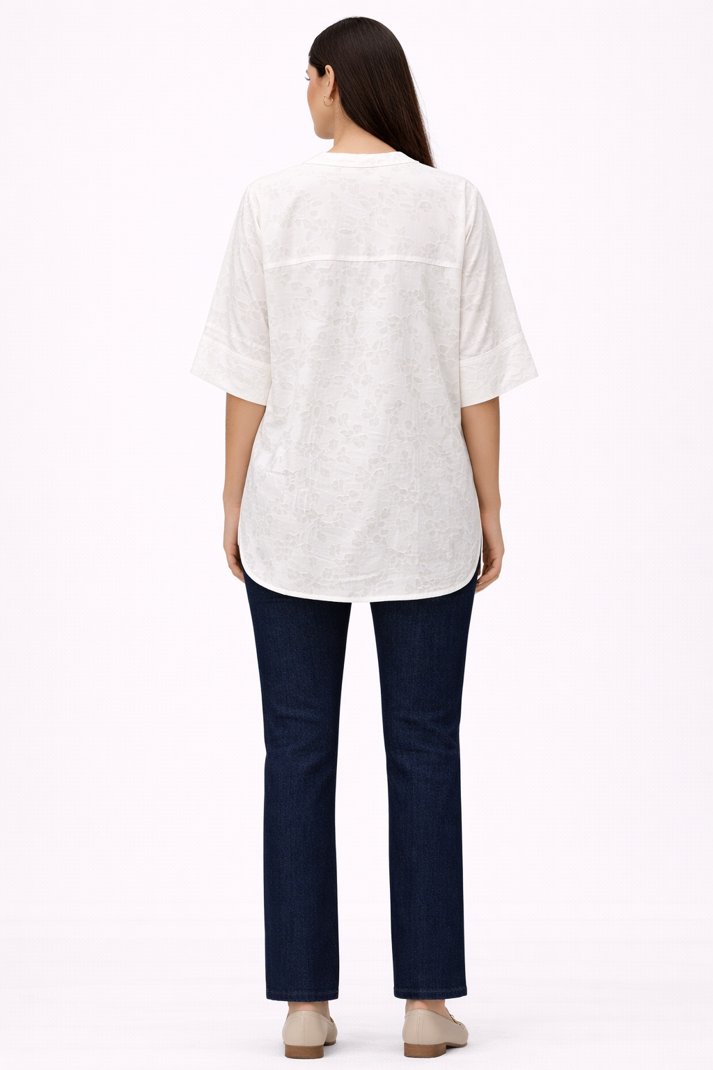 Cotton Jacquard V-Neck Blouse – White - 110009
