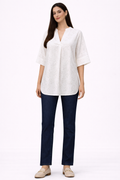 Cotton Jacquard V-Neck Blouse – White - 110009
