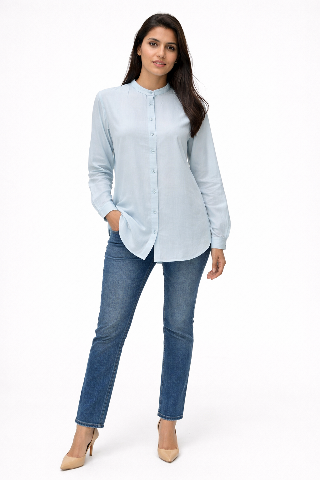 Chinese Collar Long Shirt – Baby Blue - 1100011