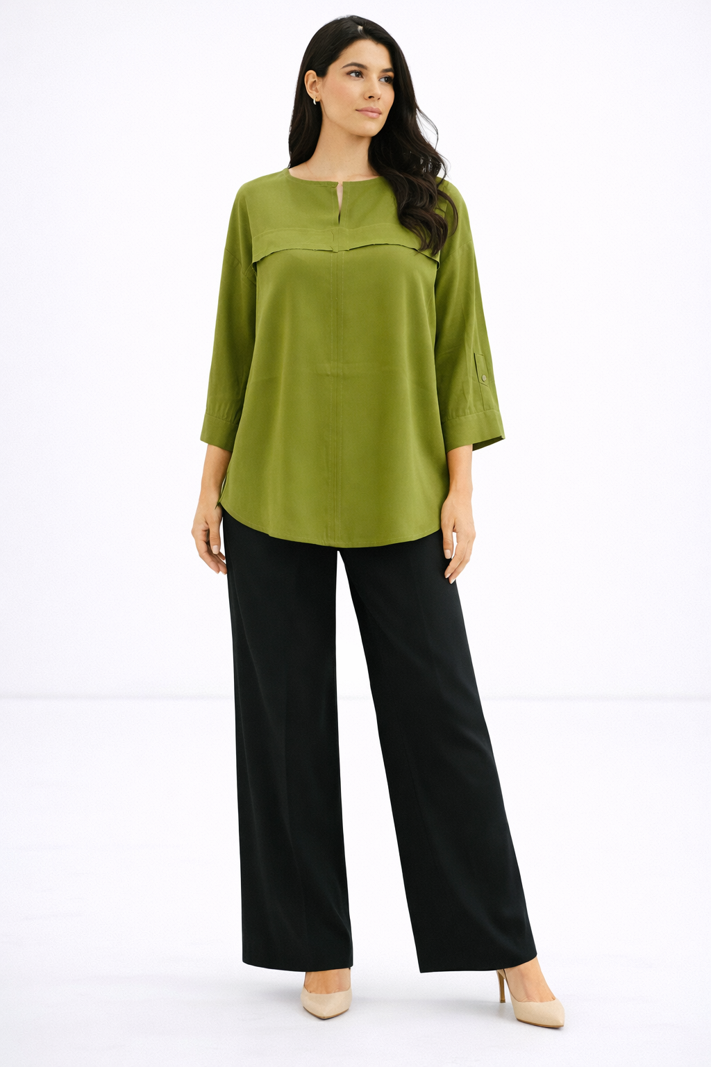 Relaxed Fit 3/4 Sleeve Blouse – Olive - 111008