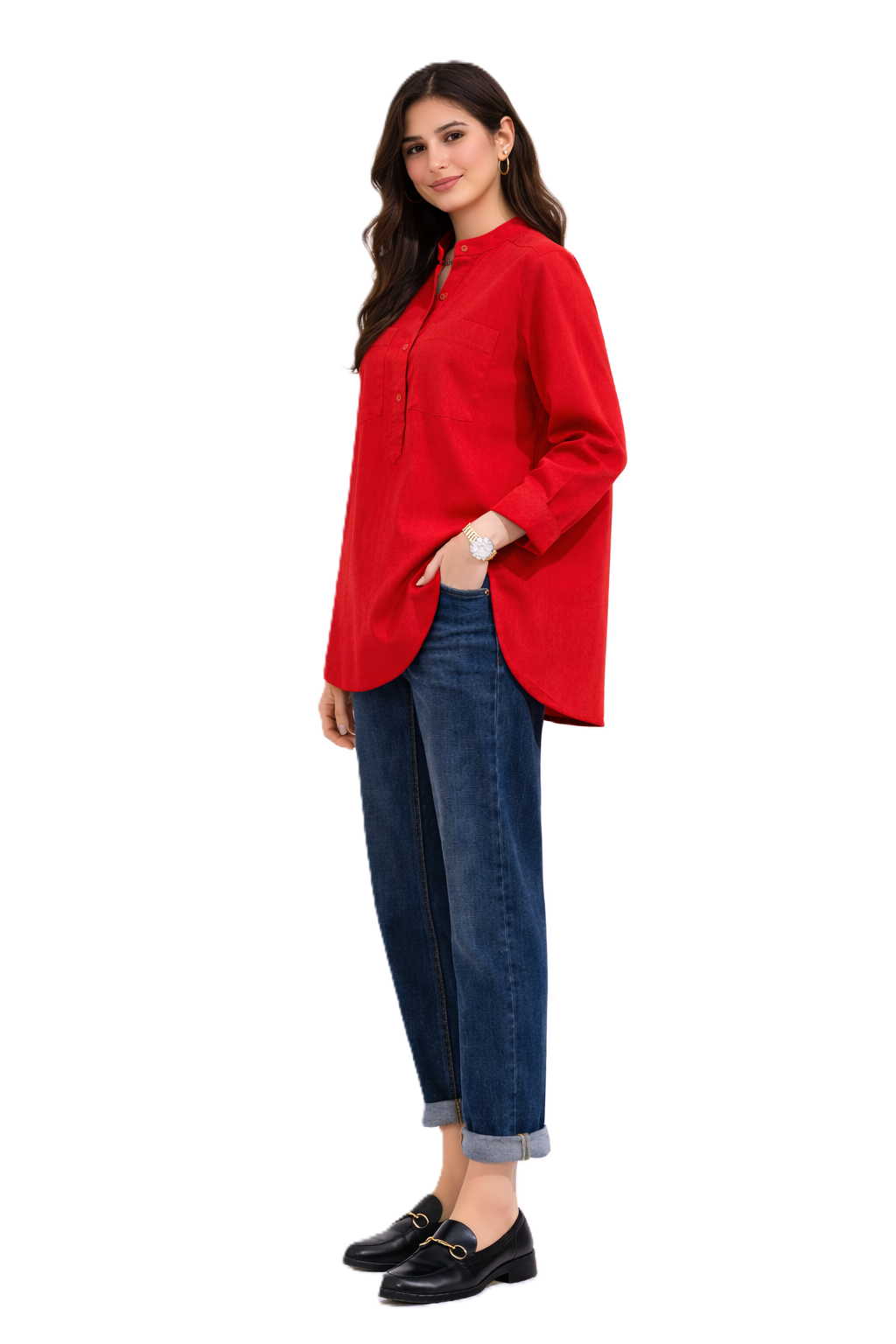 Longline Button Blouse – Red - 110001