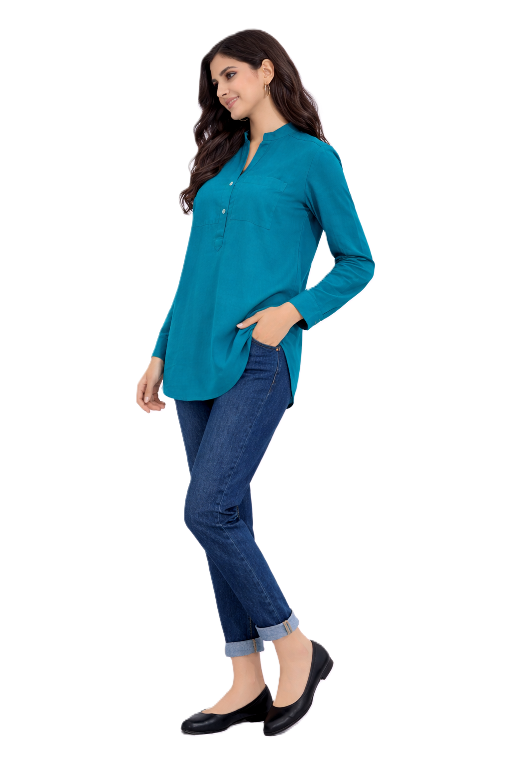 Longline Button Blouse – Teal - 110001
