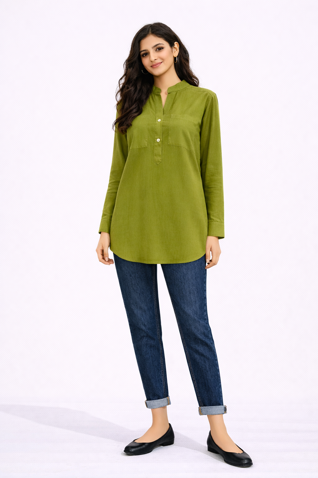 Women's Longline Button blouse– Olive - 110001