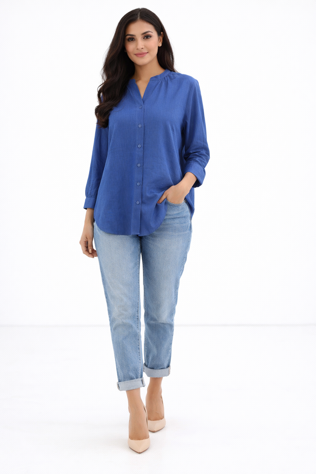 Pleated Chinese Collar Blouse – Blue - 110002