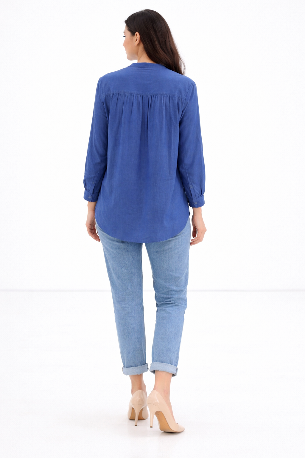 Pleated Chinese Collar Blouse – Blue - 110002