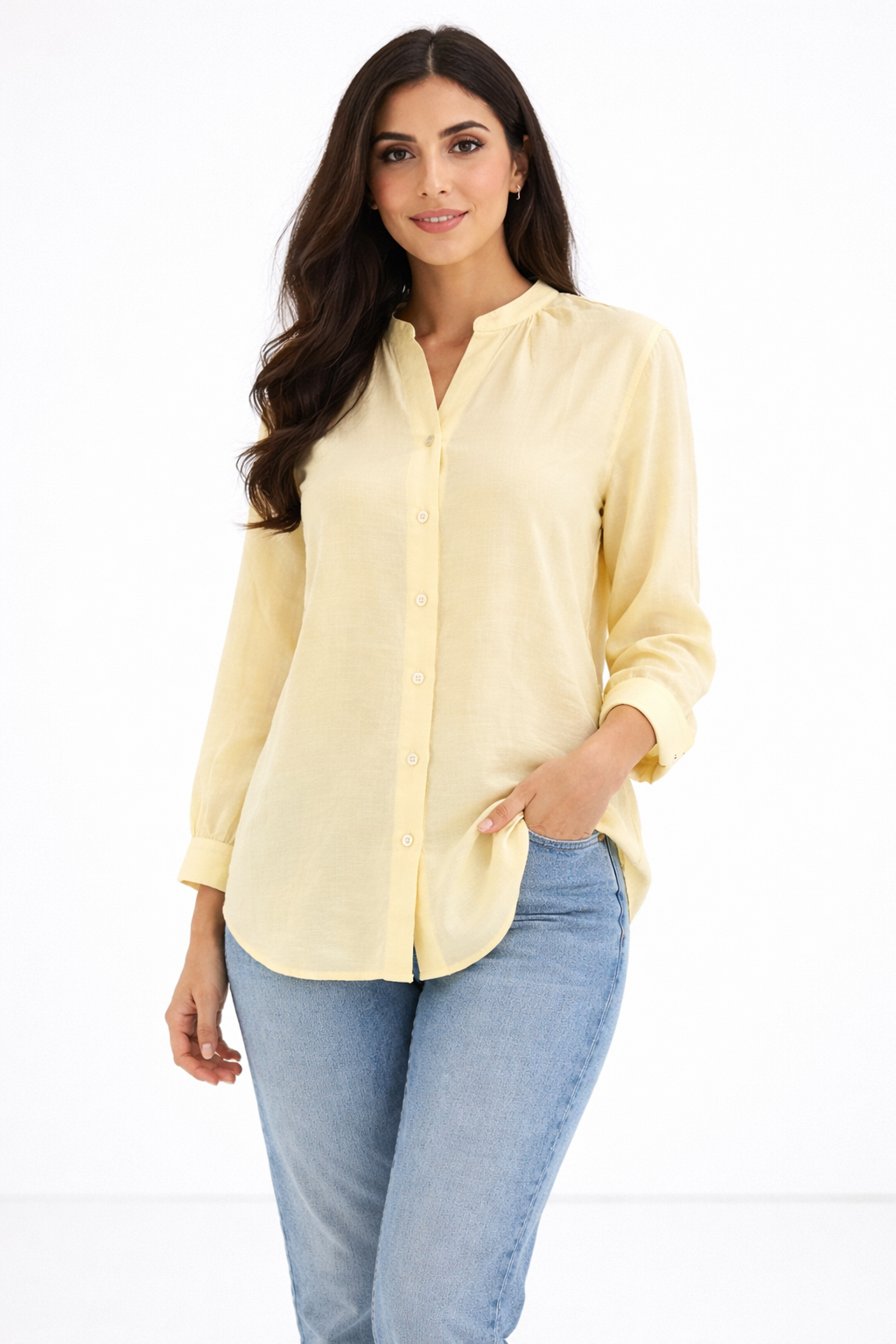 Pleated Chinese Collar Blouse – Yellow - 110002