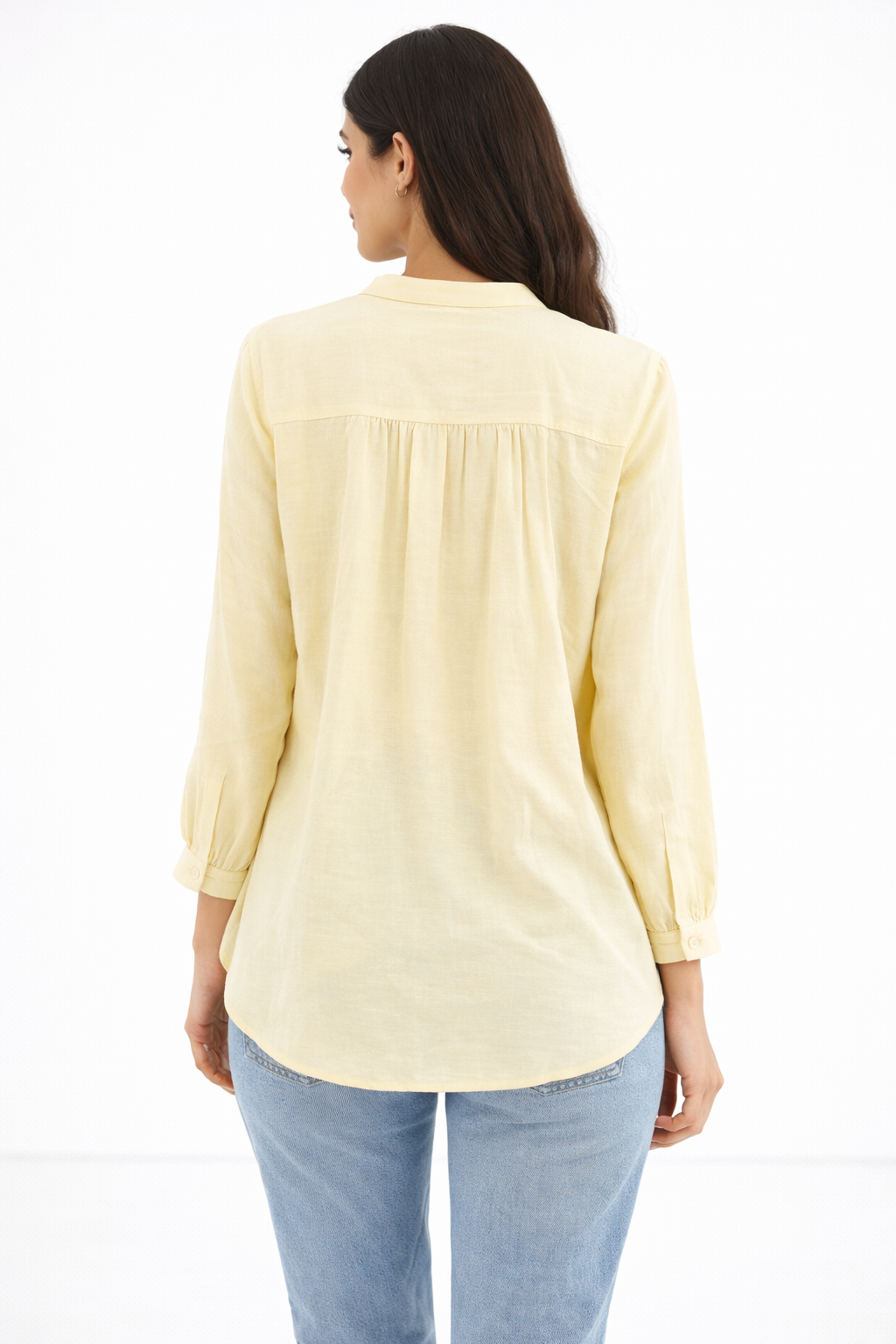 Pleated Chinese Collar Blouse – Yellow - 110002