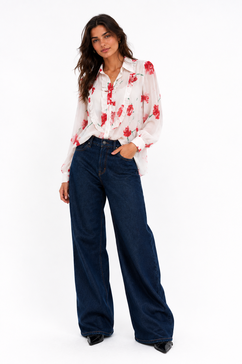 Floral Ruffle Chiffon Blouse – Red Print - 11010