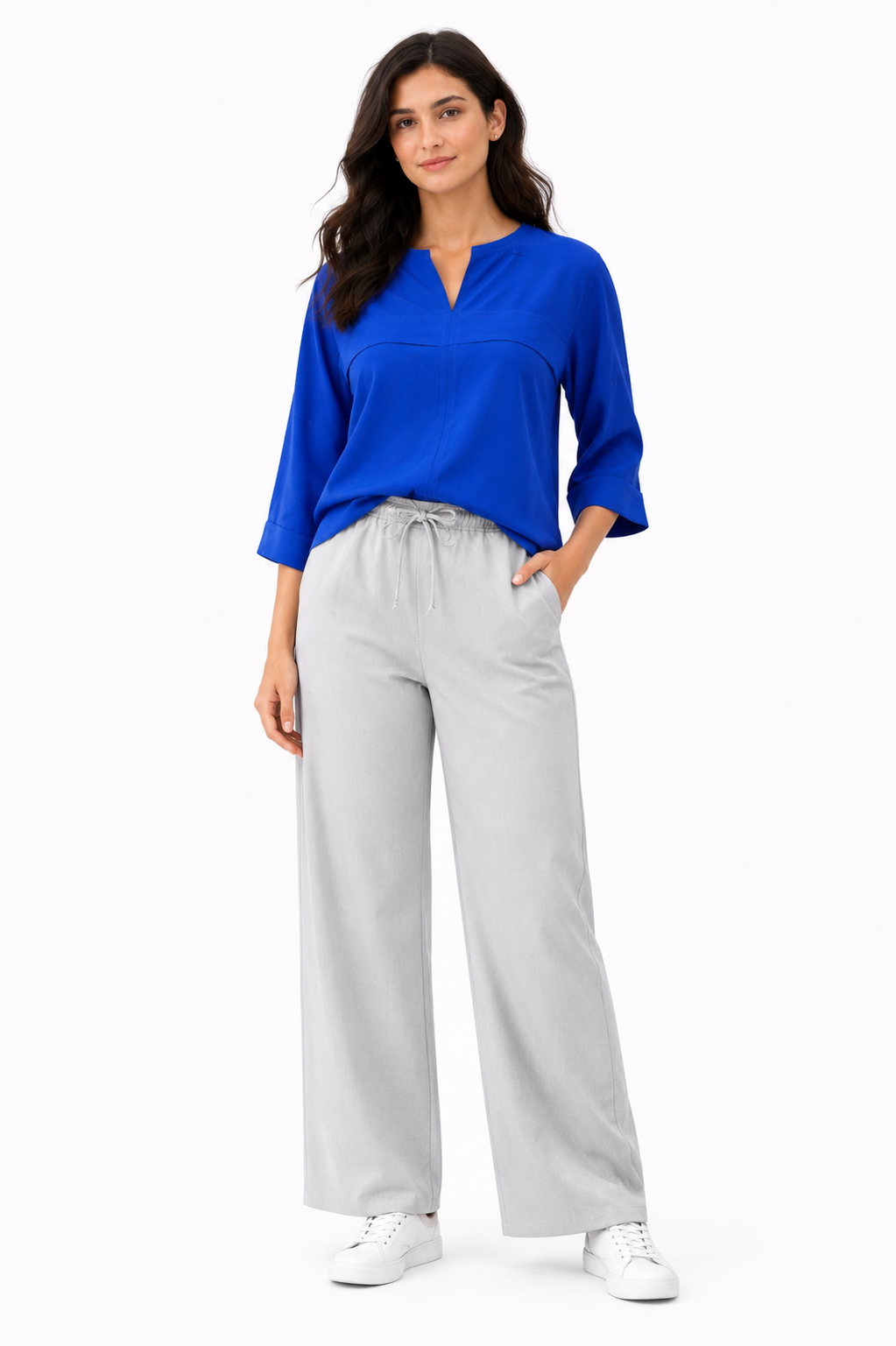 Relaxed Fit 3/4 Sleeve Blouse – Blue - 111008