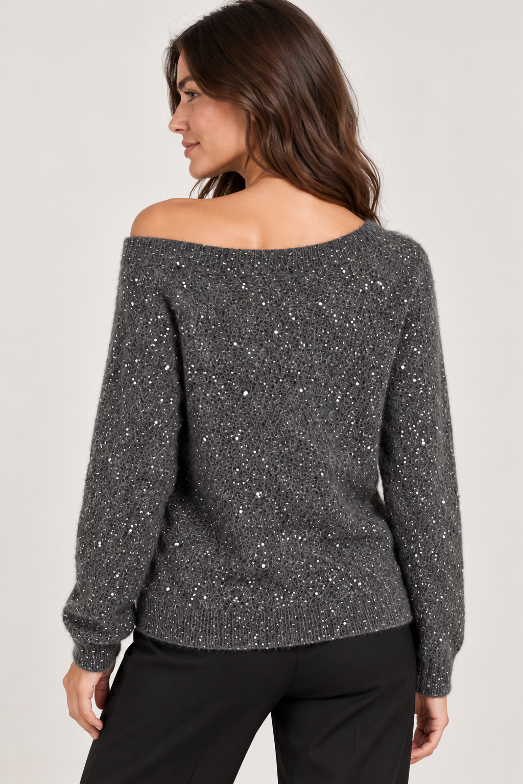 Off-Shoulder Pullover with Sequins - Dark Grey - MK8068