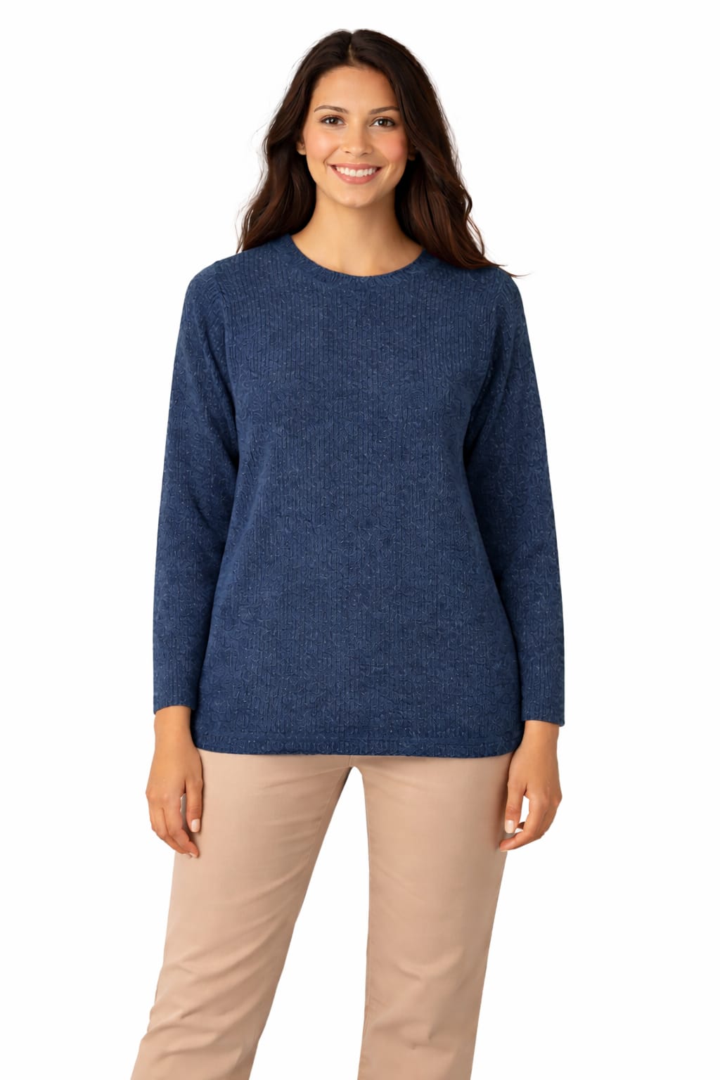 Casual Crew Neck Long Sleeve Top - Navy - 114002