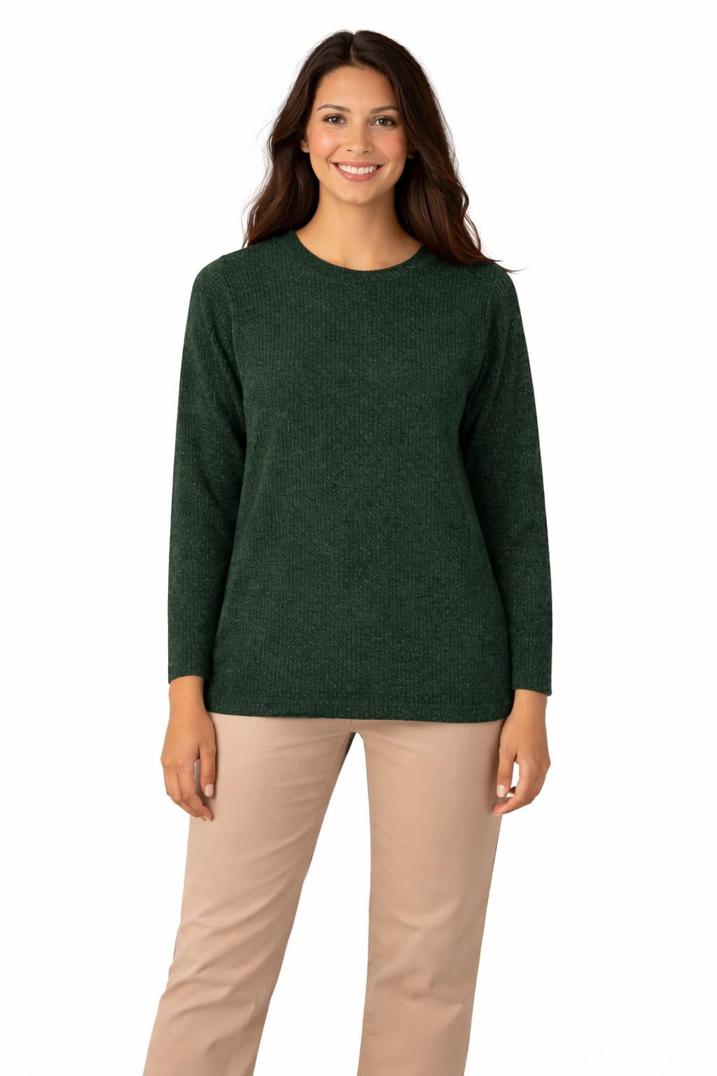 Casual Crew Neck Long Sleeve Top - Dark Green - 114002