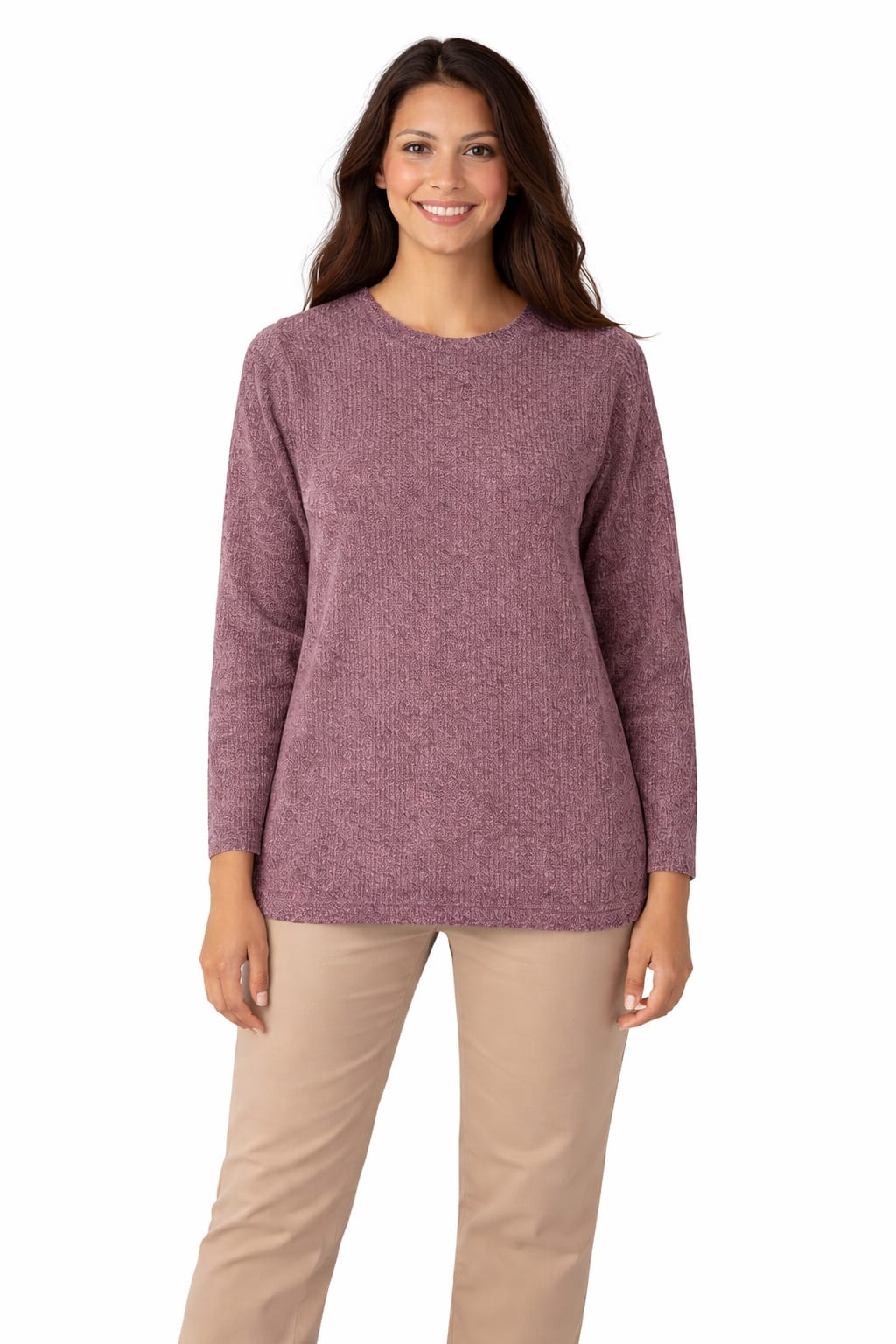 Casual Crew Neck Long Sleeve Top - cashmere - 114002