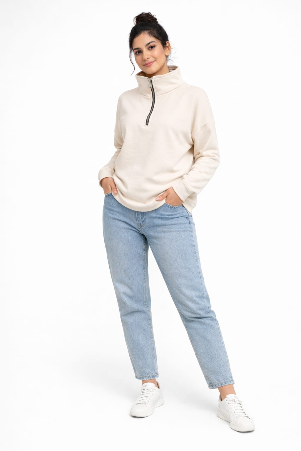 Half Zip Fleece Sweatshirt – White- 100
