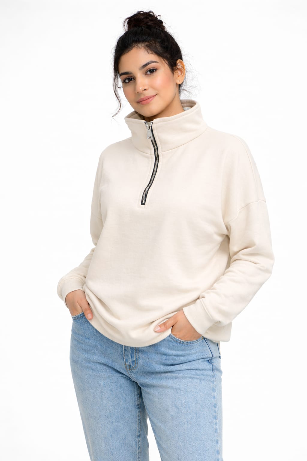 Half Zip Fleece Sweatshirt – White- 100