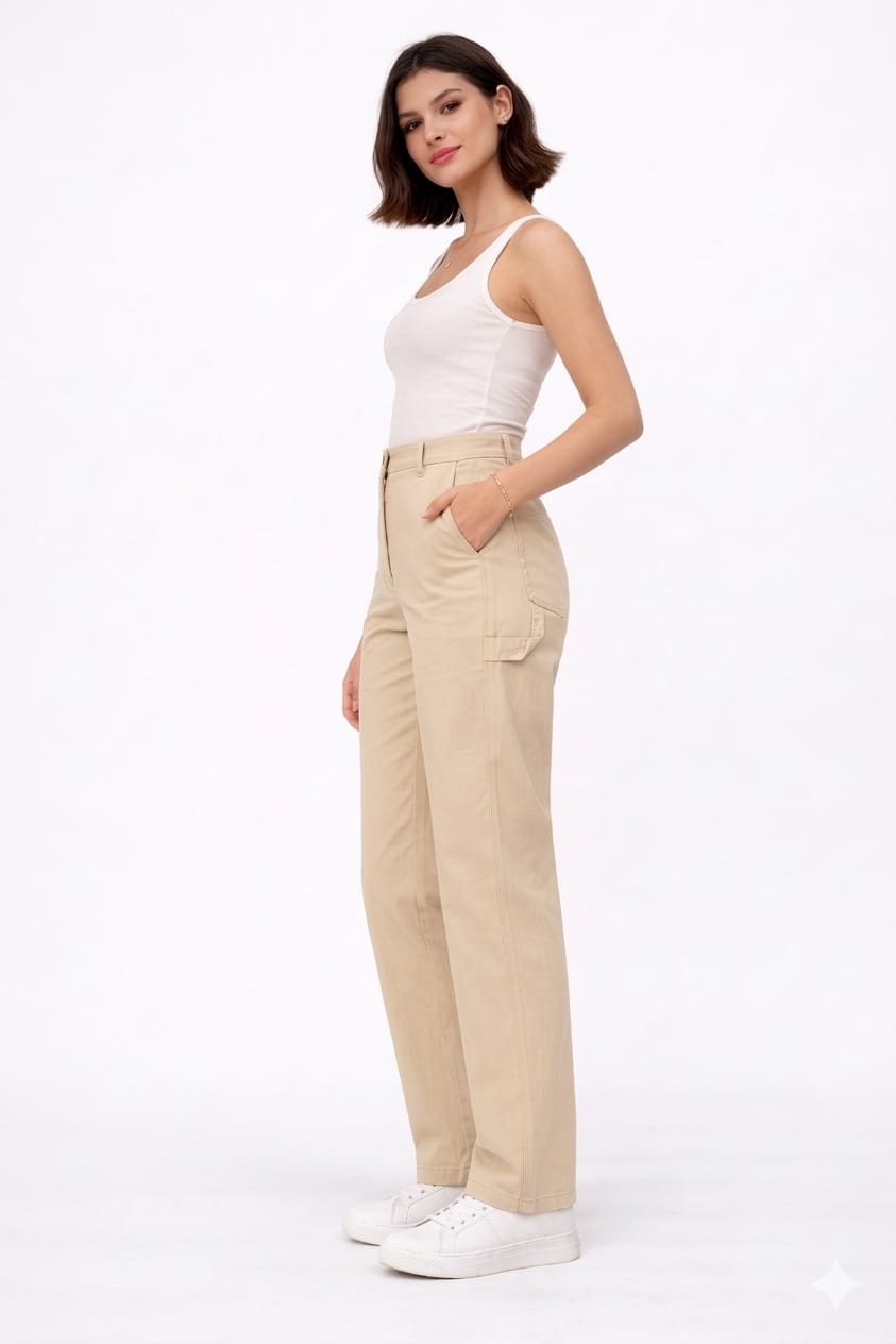 Gabardine Straight Leg Pants – Beige - 112003