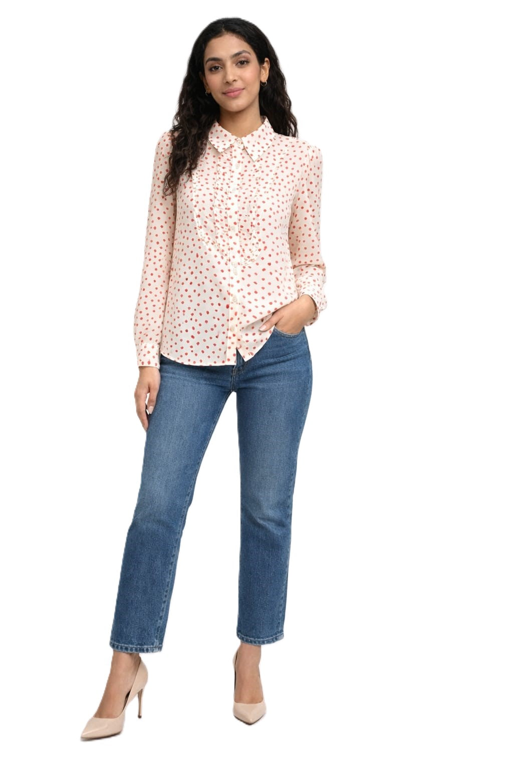 Heart Ruffle Chiffon Blouse – Red - 11010