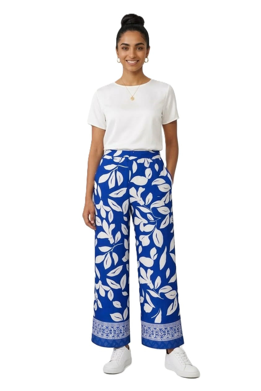 Leaves Print Loose Pants – Blue - 112009
