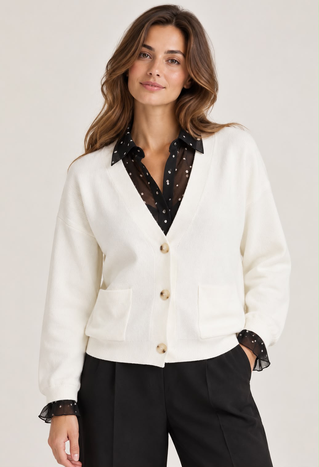Knitted Jacket with Two Pockets - Creamy White - TH2657