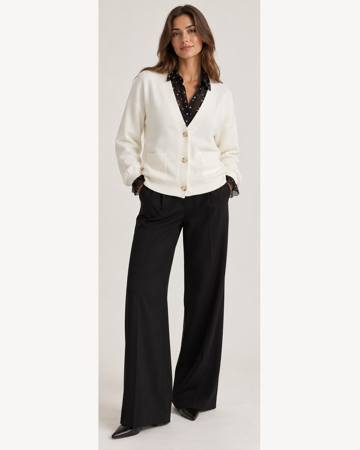 Knitted Jacket with Two Pockets - Creamy White - TH2657