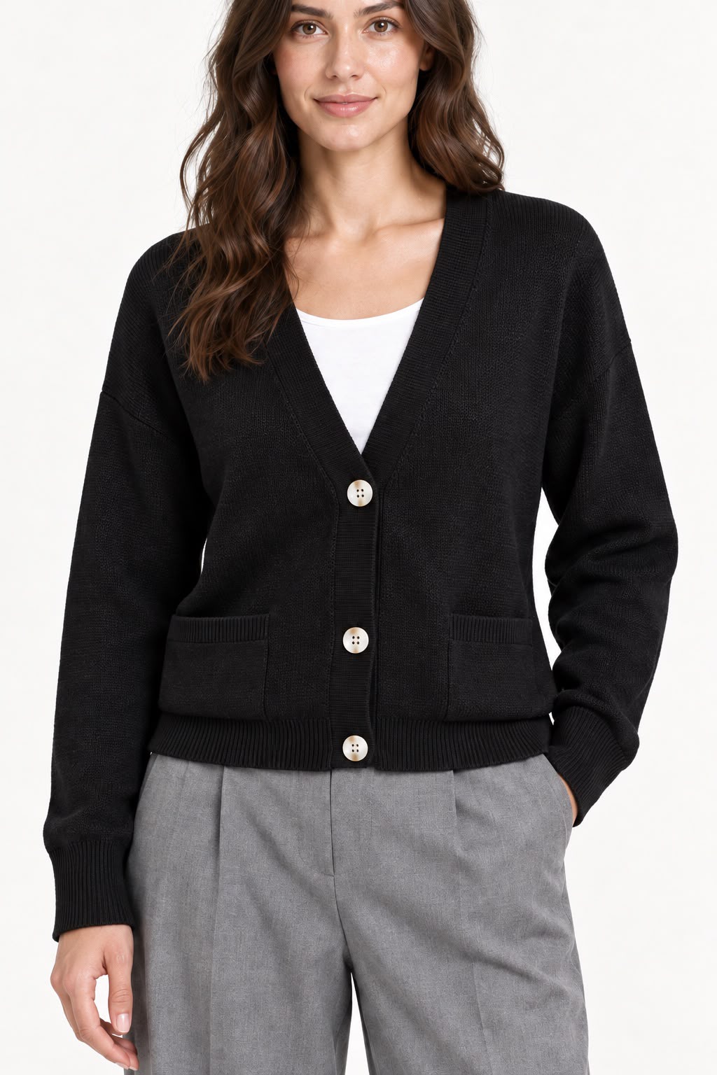 Knitted Jacket with Two Pockets - Black - TH2657