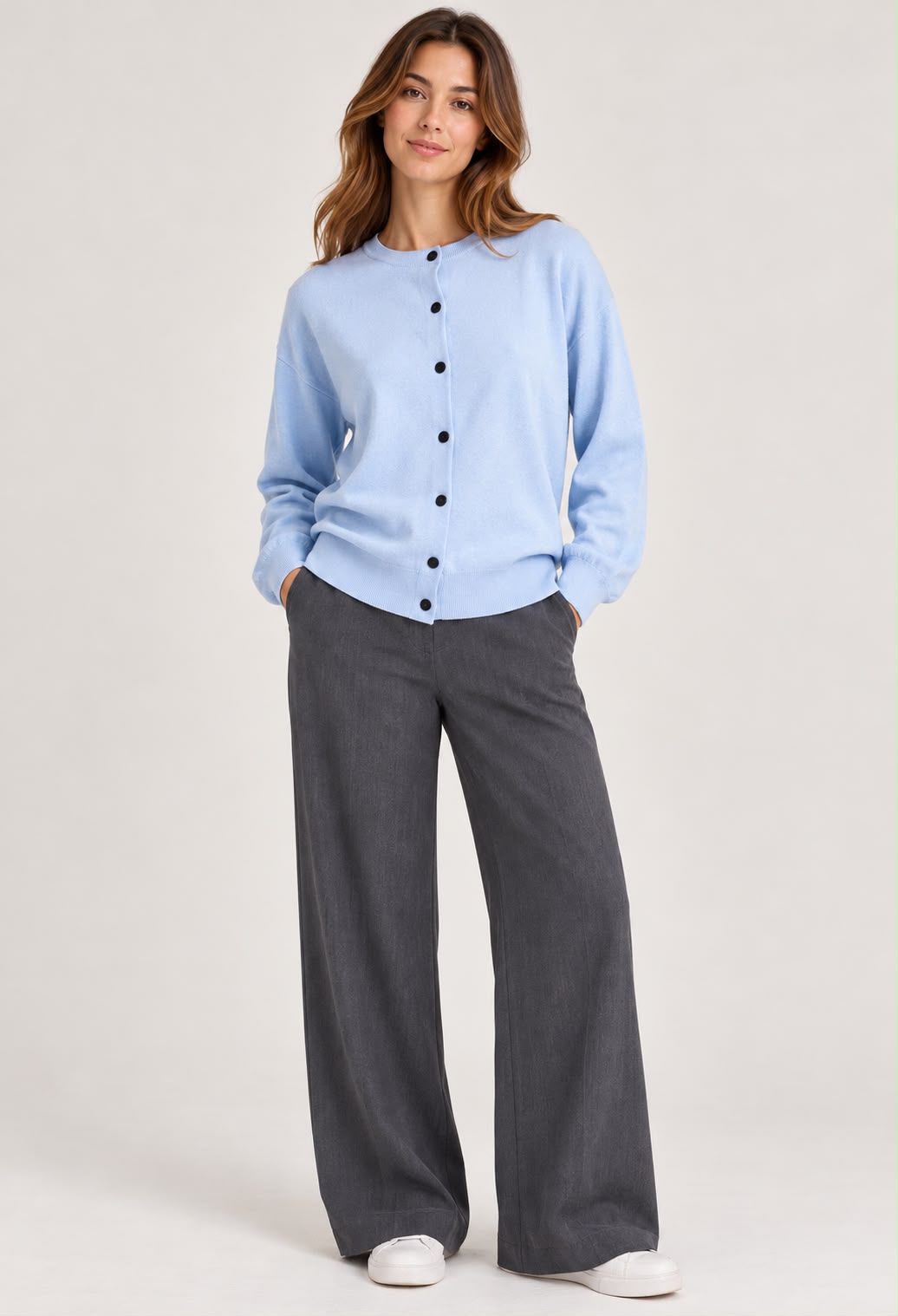 Knitted Jacket with Round Neck - Water Blue - PP5877
