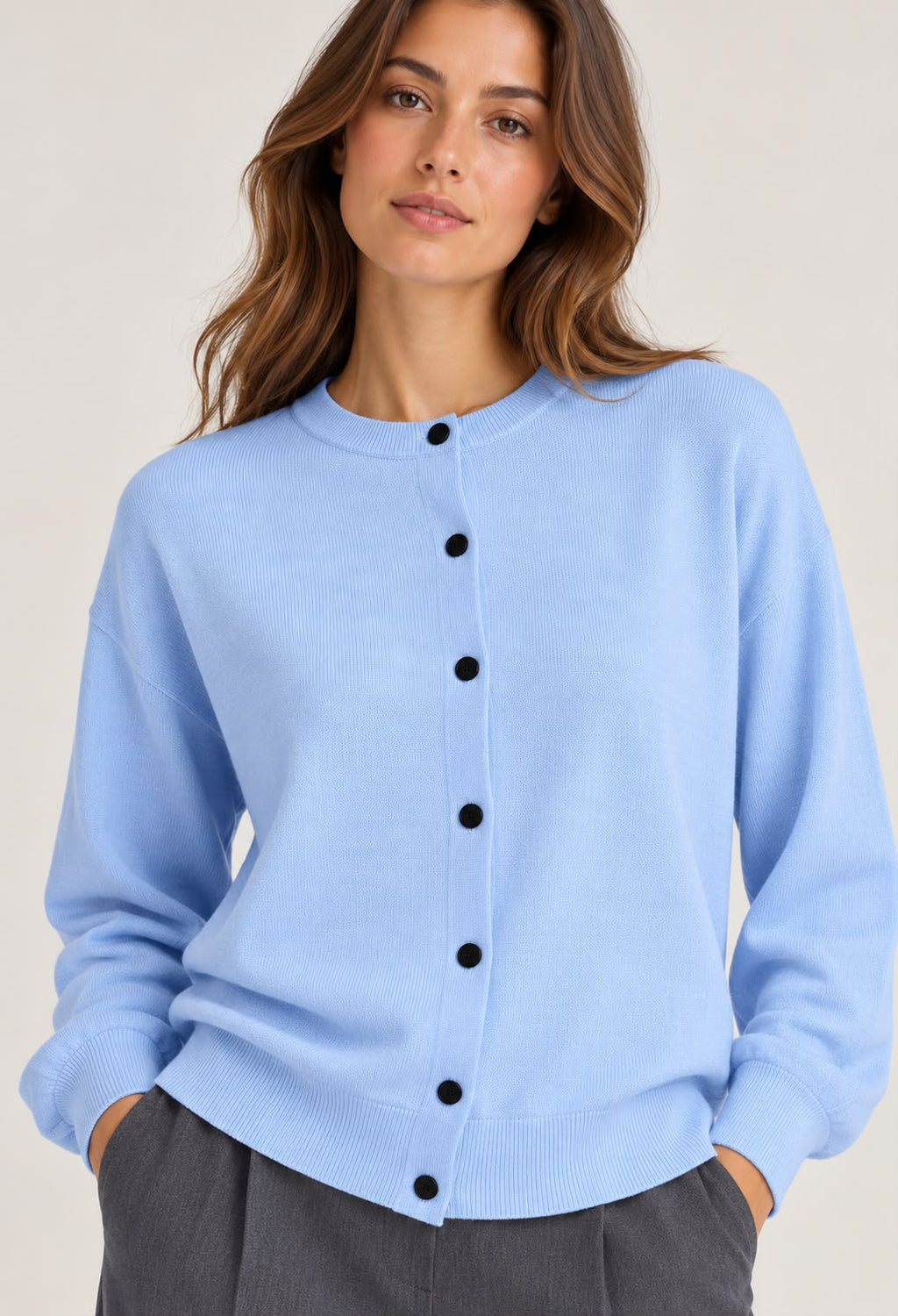 Knitted Jacket with Round Neck - Water Blue - PP5877