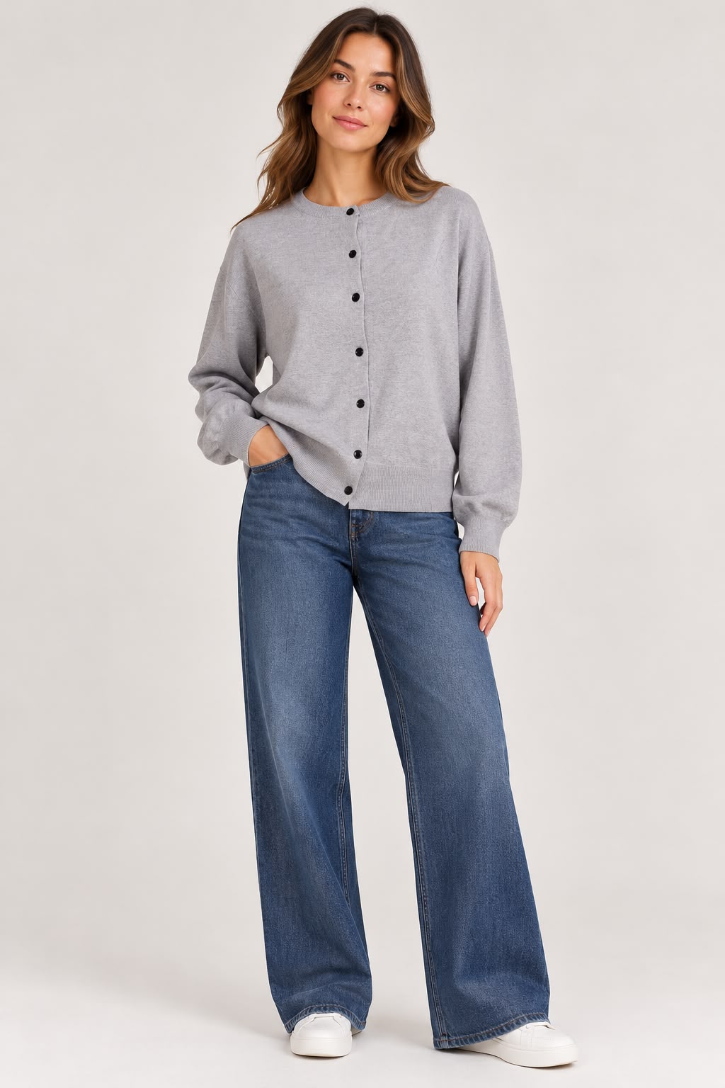 Knitted Jacket with Round Neck - Haze Ash - PP5877