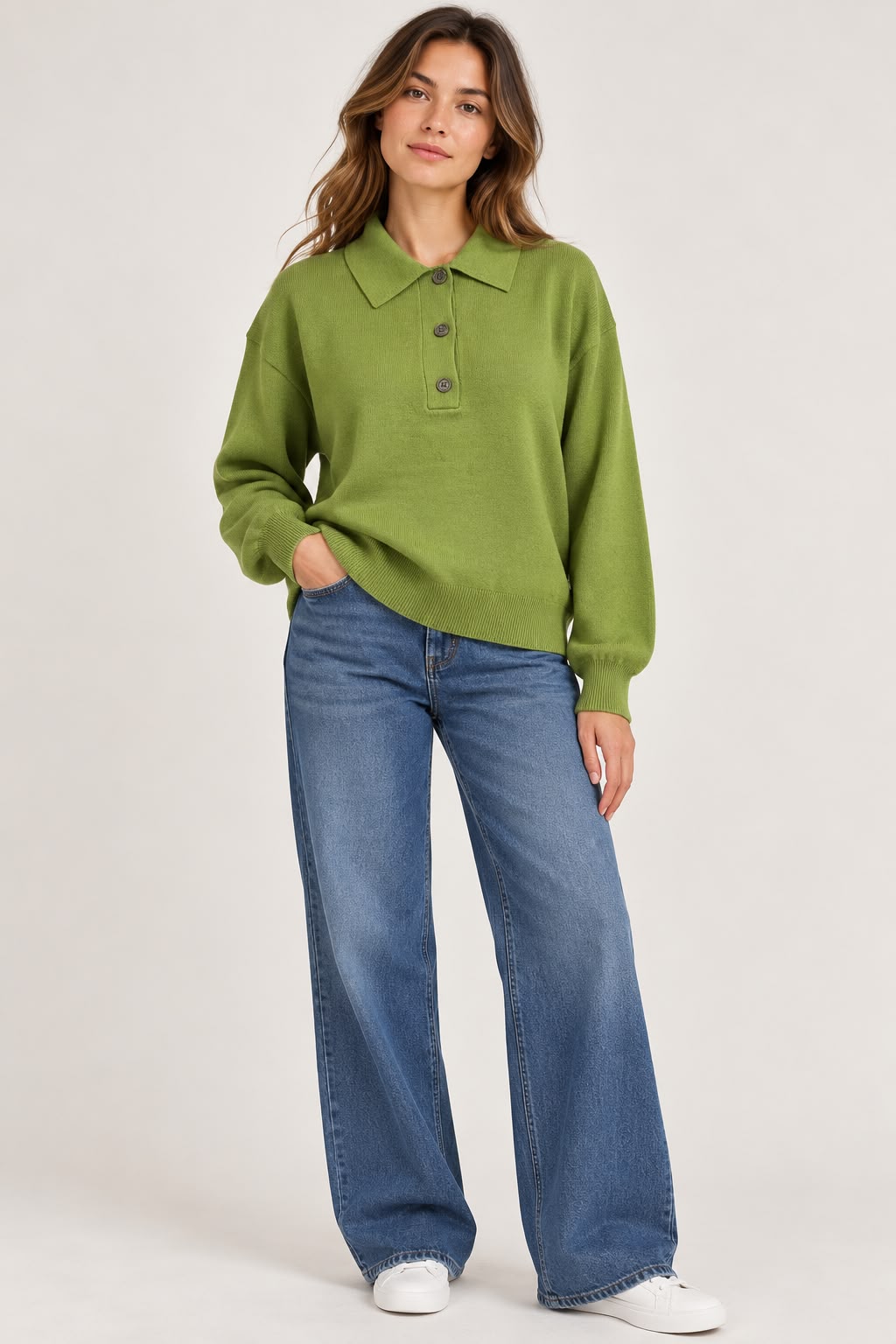 Knitted Polo with Buttons - Green - TH2656