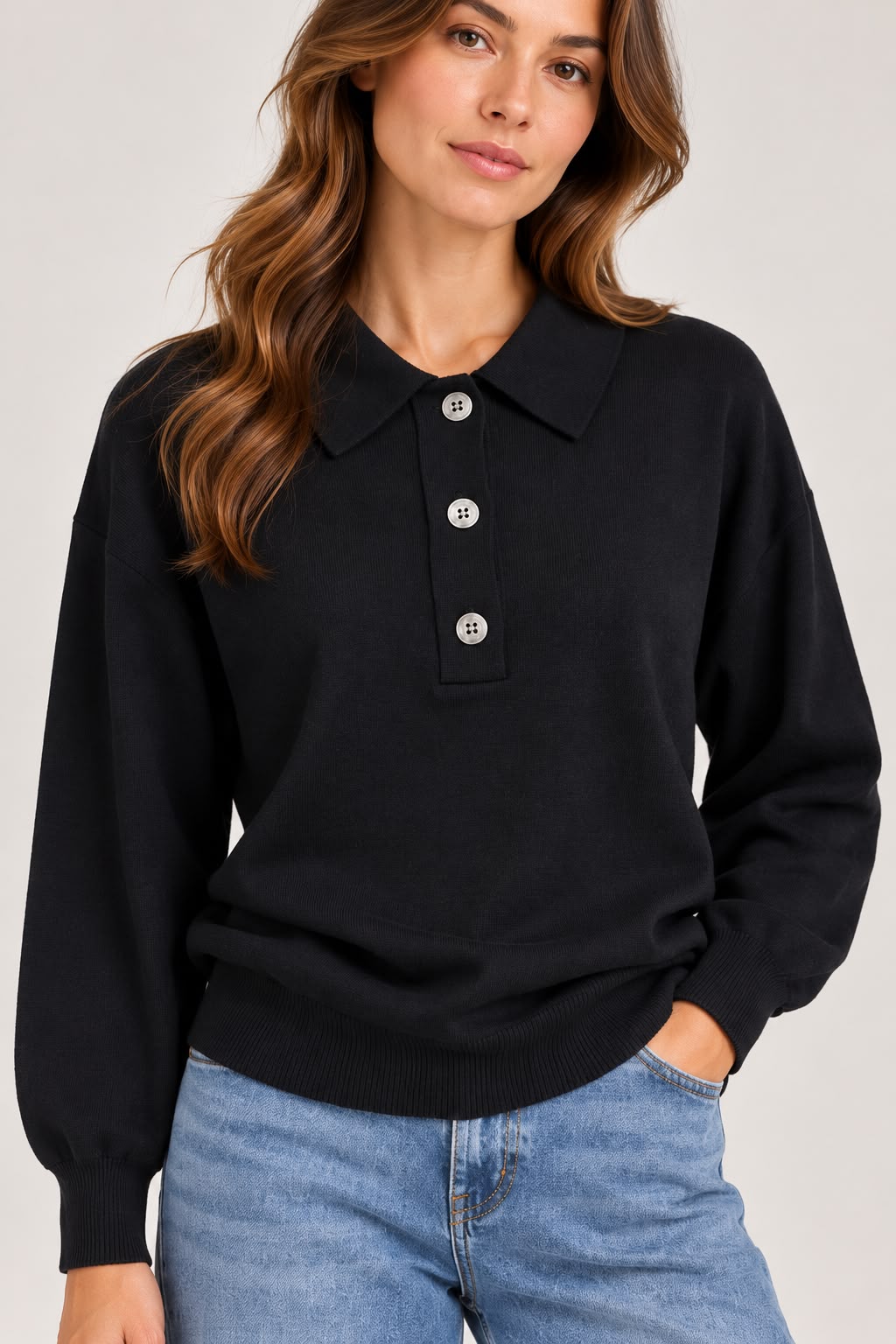 Knitted Polo with Buttons - Black - TH2656