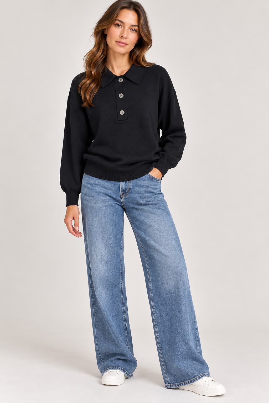 Knitted Polo with Buttons - Black - TH2656