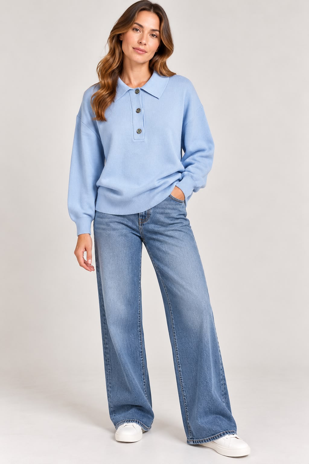 Knitted Polo with Buttons - Water Blue - 2656