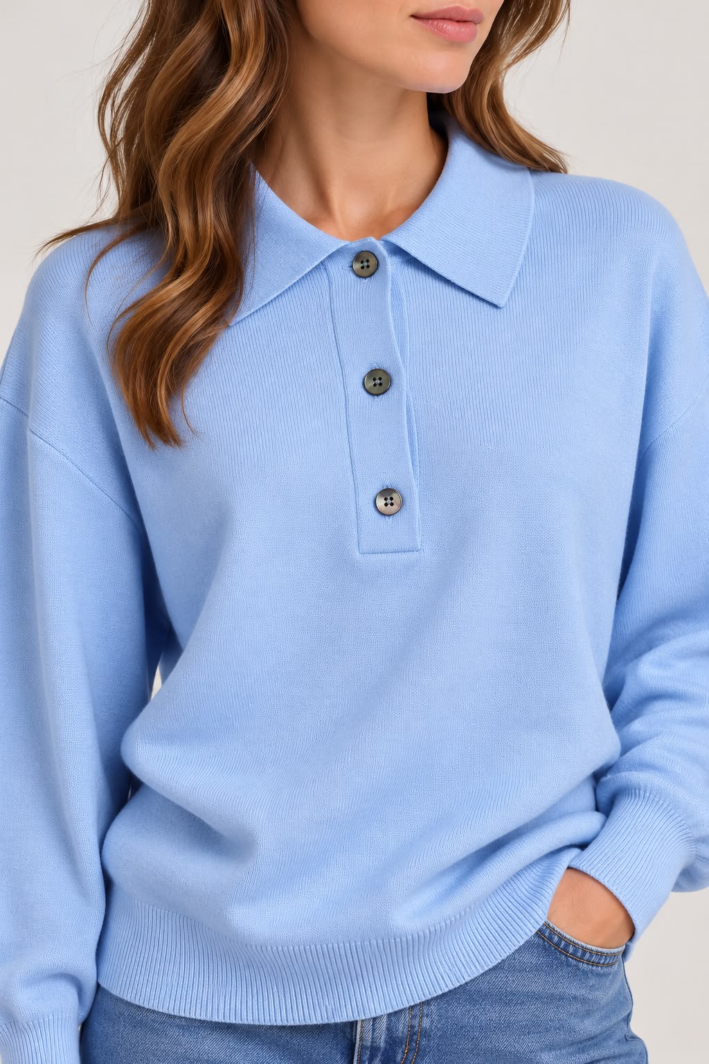 Knitted Polo with Buttons - Water Blue - 2656