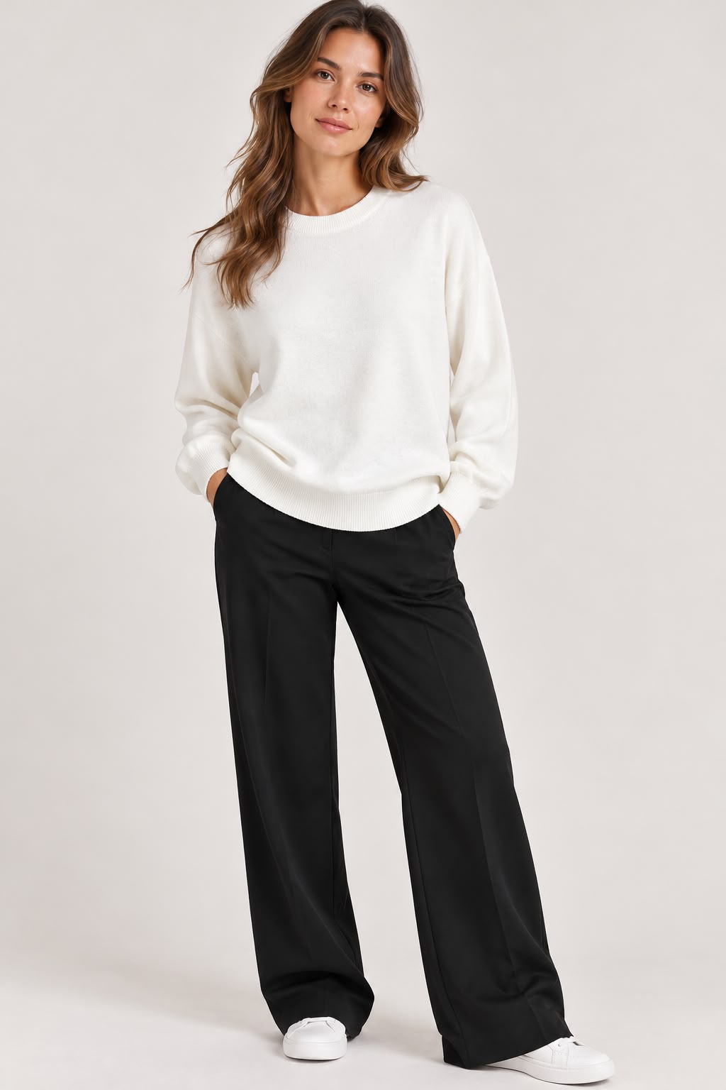 Round Neck Pullover - Creamy White - PP5872