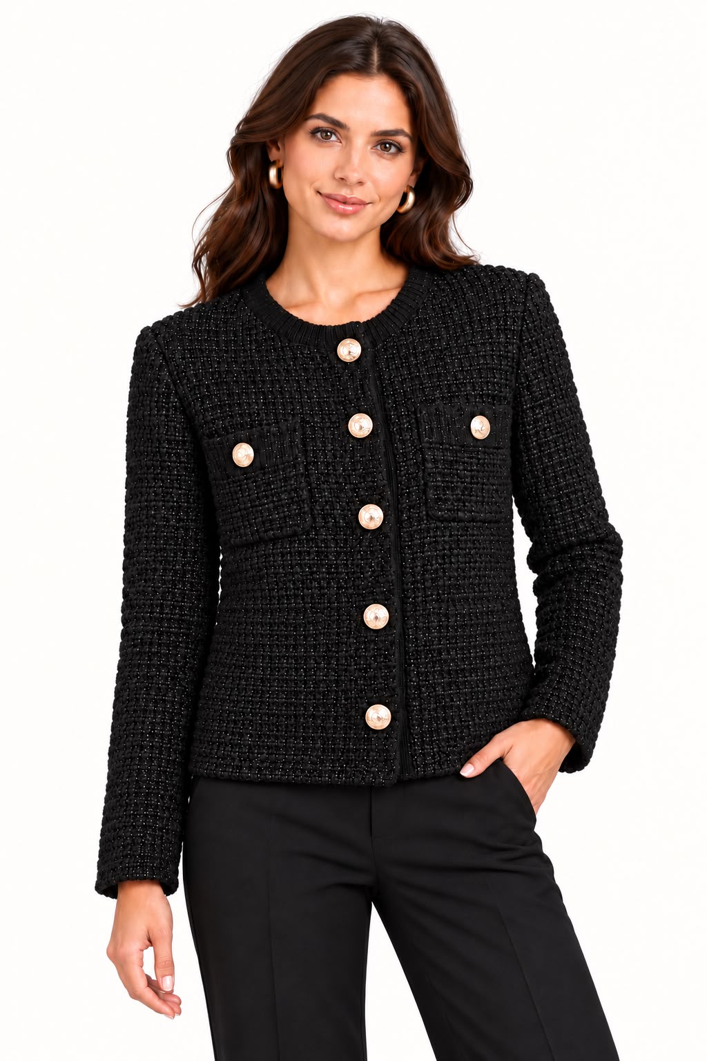 Knitted Sparkly Jacket with Golden Buttons - Black - LVD9733