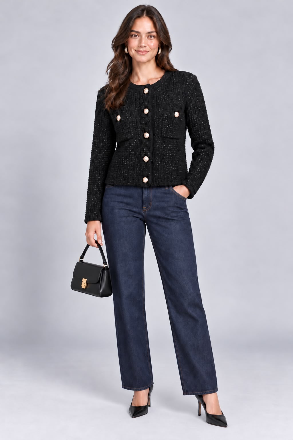 Knitted Sparkly Jacket with Golden Buttons - Black - LVD9733