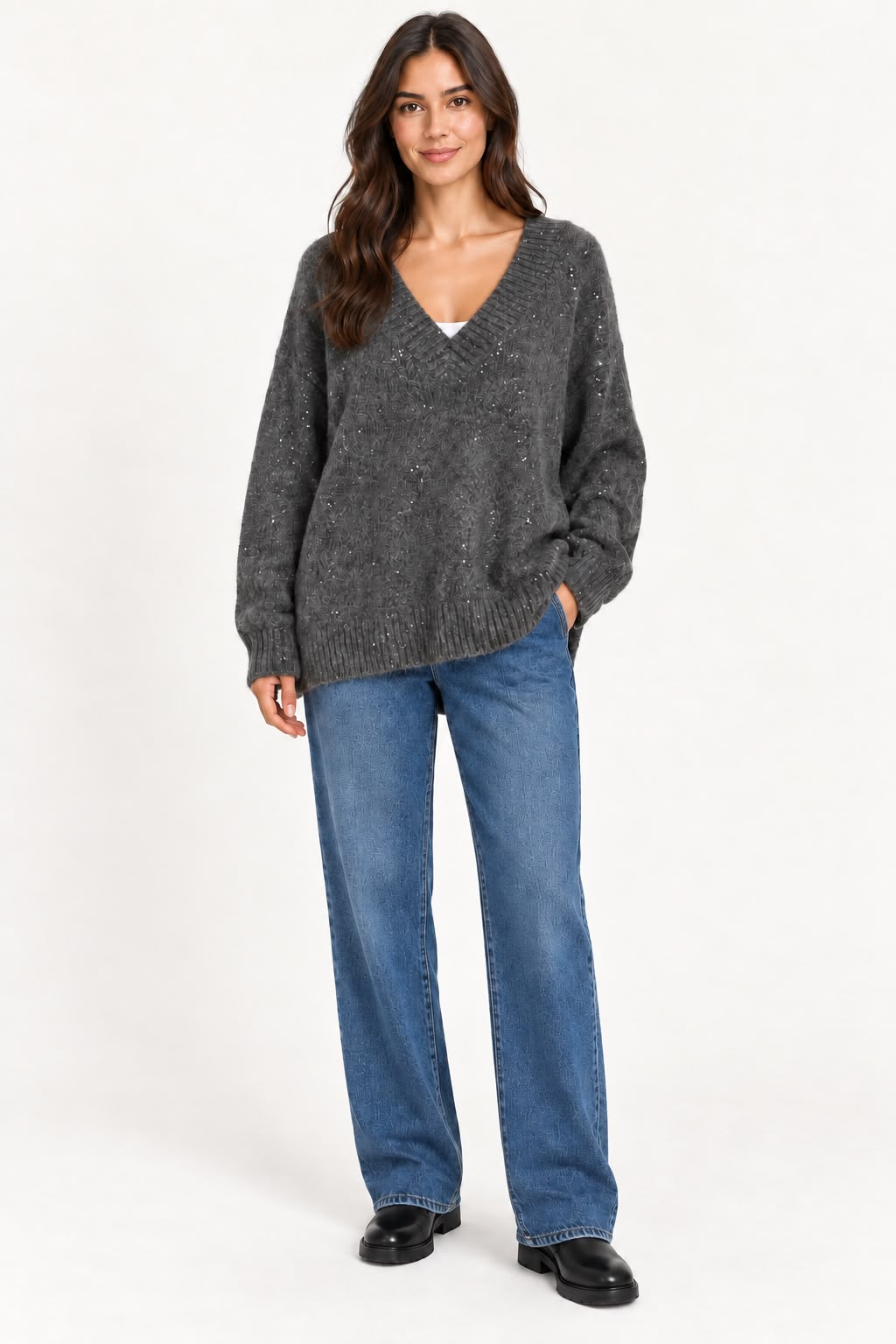 Long V-Neck Pullover with Sequins - Dark Grey - MK8069