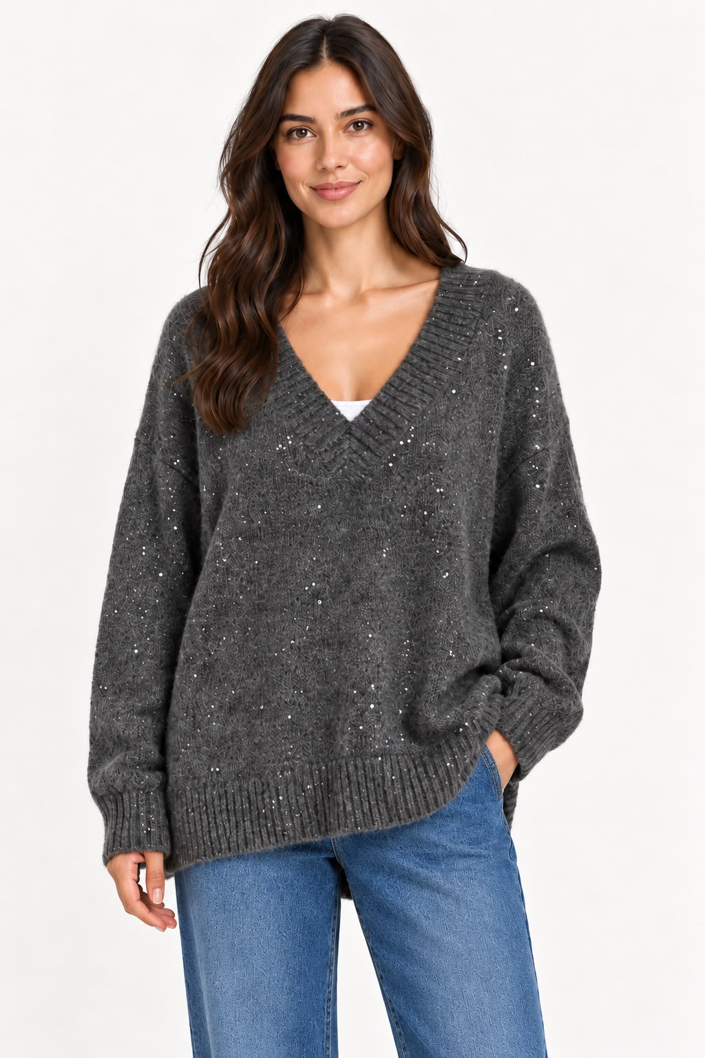 Long V-Neck Pullover with Sequins - Dark Grey - MK8069