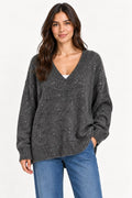 Long V-Neck Pullover with Sequins - Dark Grey - MK8069