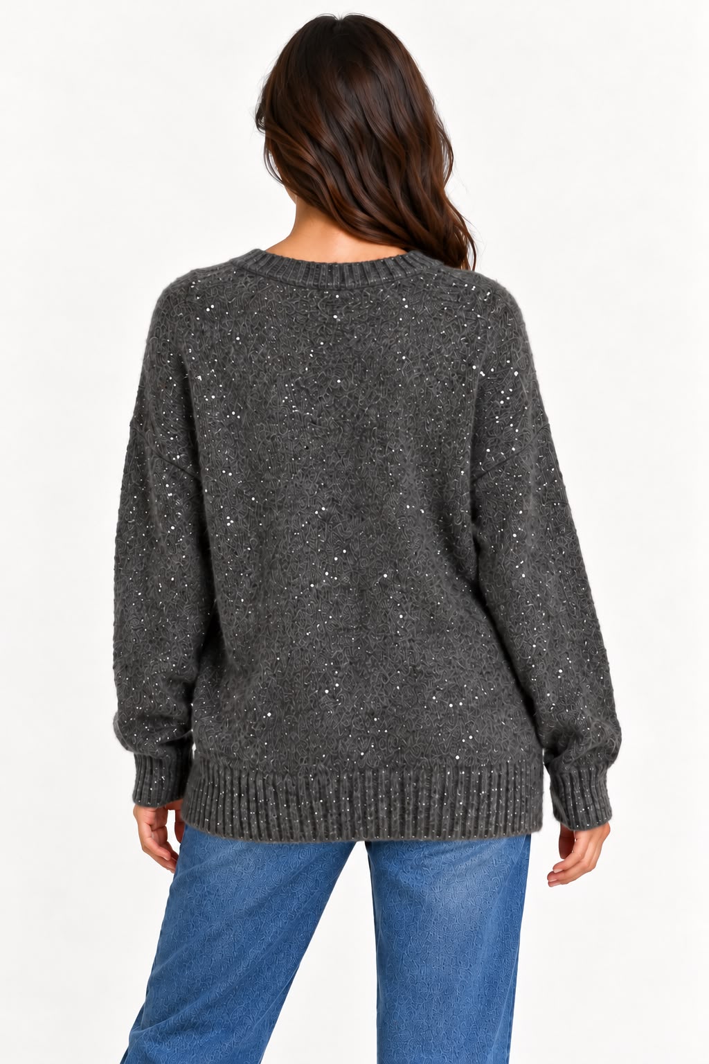 Long V-Neck Pullover with Sequins - Dark Grey - MK8069