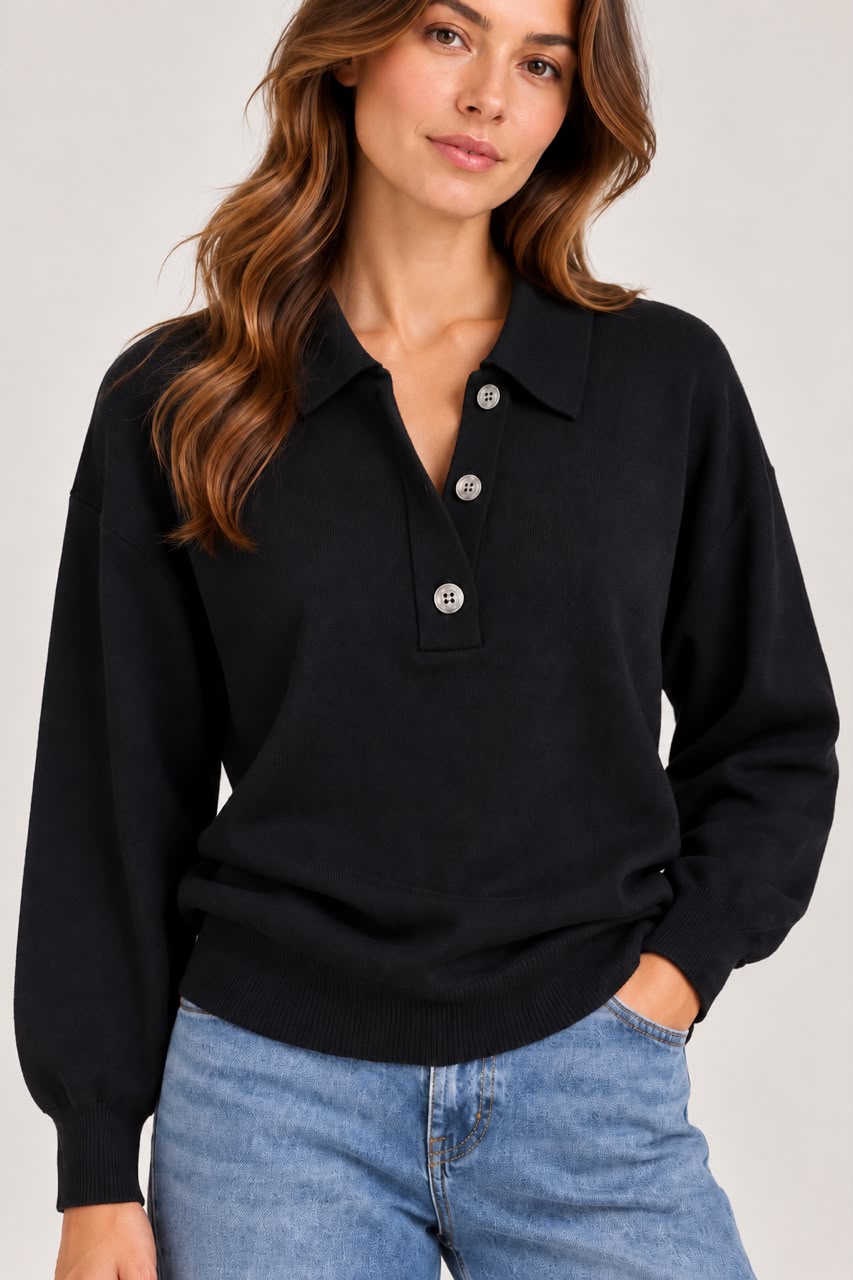 Knitted Polo with Buttons - Black - TH2656