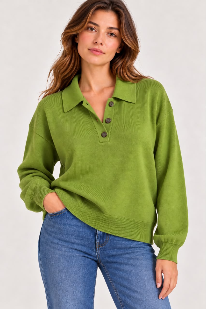 Knitted Polo with Buttons - Green - TH2656