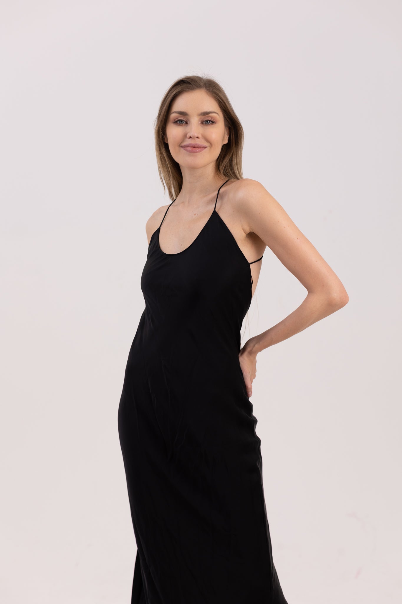 Satin Dress with String Back - Black