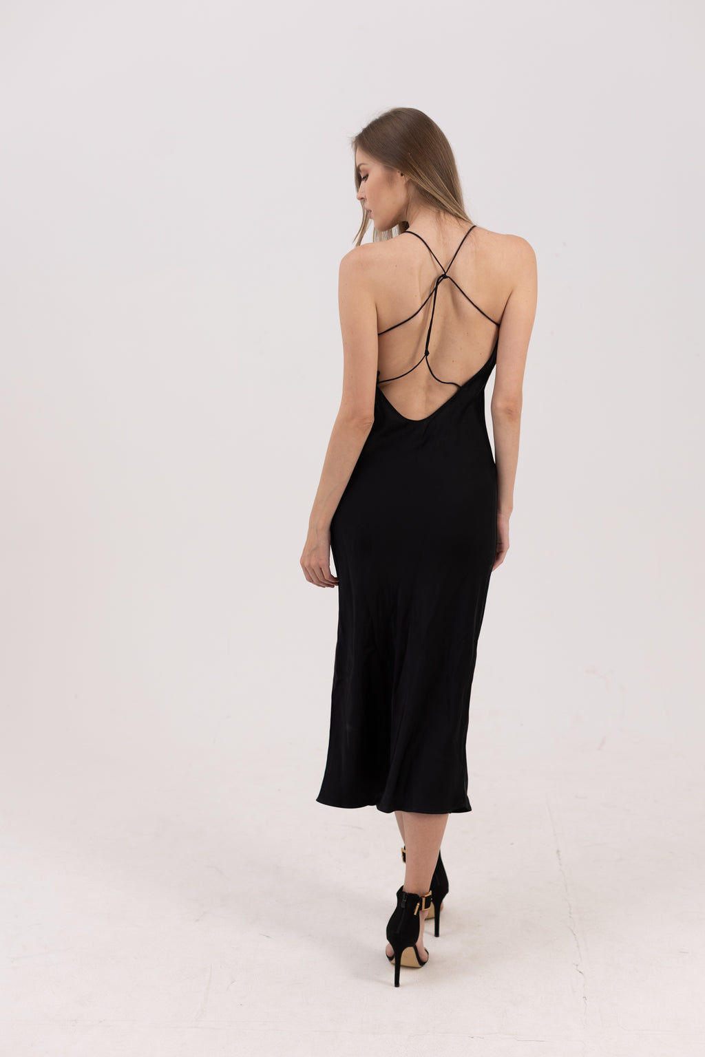 Satin Dress with String Back - Black