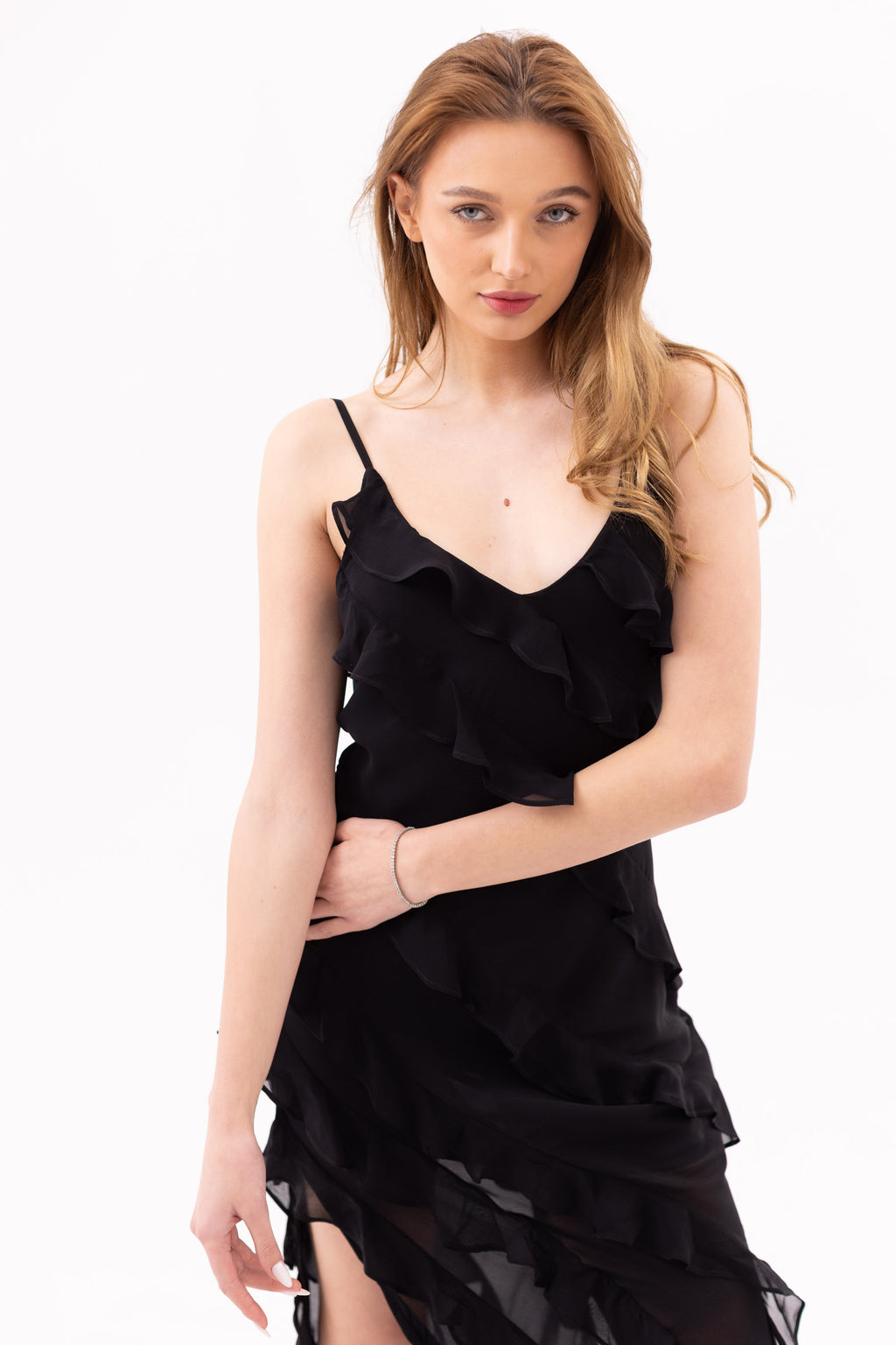 Chiffon Dress with Frills - Black